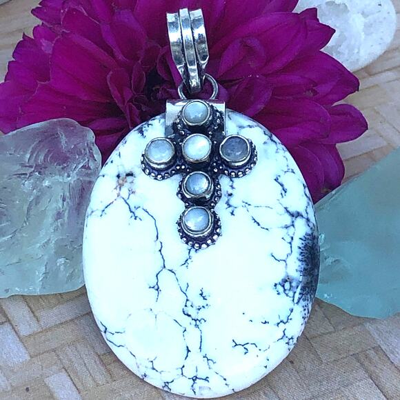 925 Sterling Large Dendrite & Moonstone Cross Pendant - Picture 1 of 5